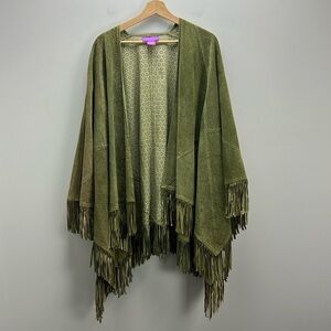 Suzanne Somers Suede Poncho Cape Green Genuine Leather Western Boho One Size